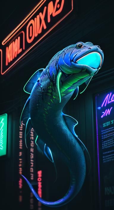 Neon Bioluminescent Electric Eel in Hyperrealistic Style