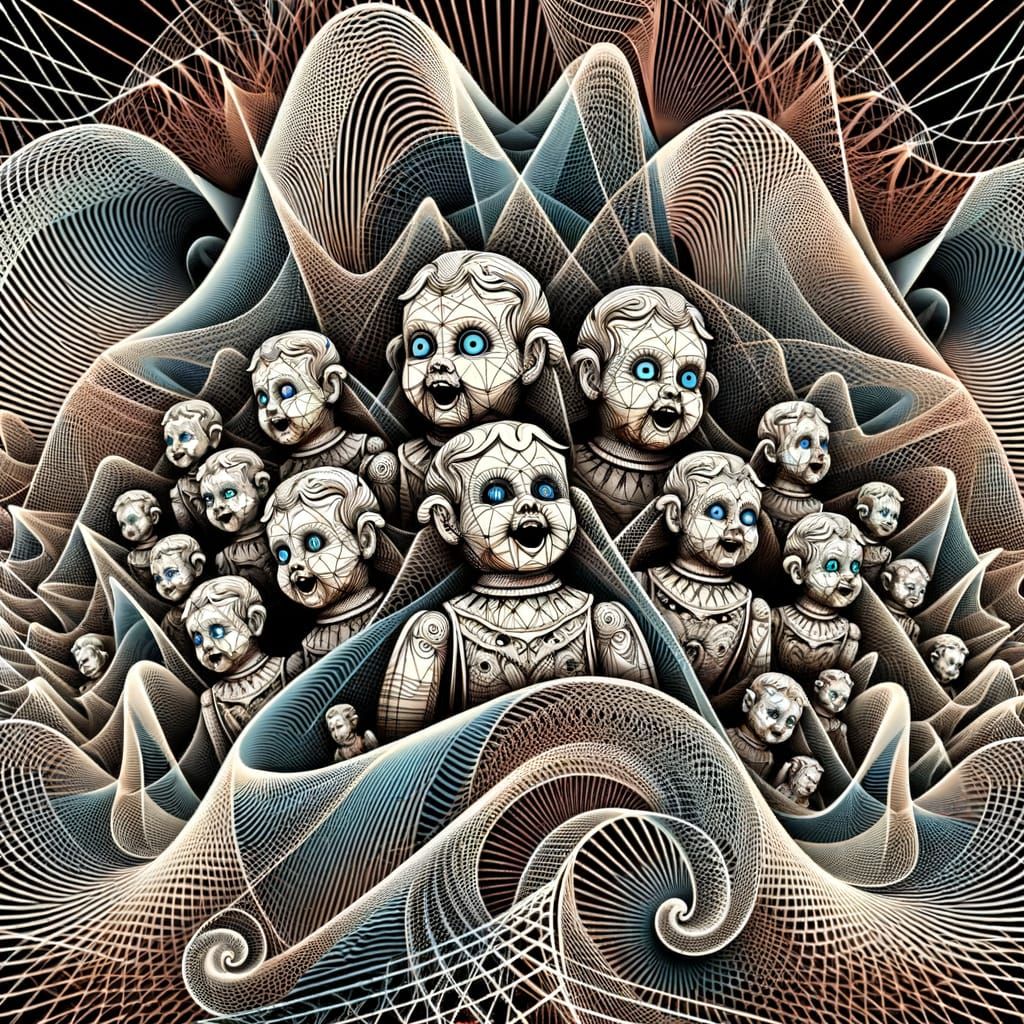 Eerie Abstract Fractal with Possessed Ceramic Dolls