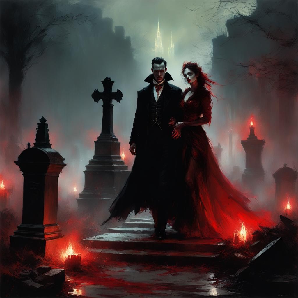 Vampire Couple in Graveyard: Moody Fine Art