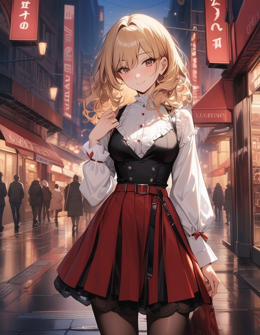 Blonde Girl in Red Skirt on City Street