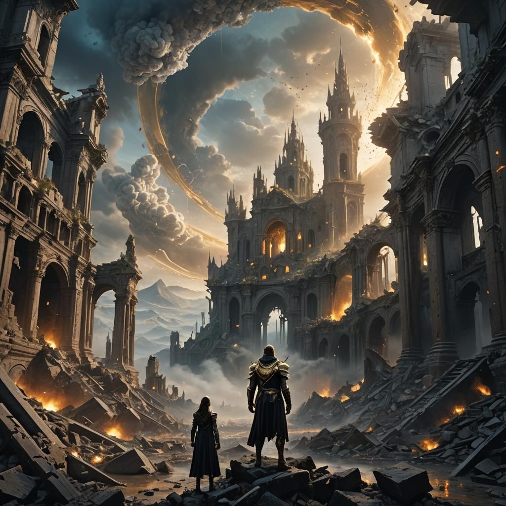 Mystical City Ruins with Armored Figure