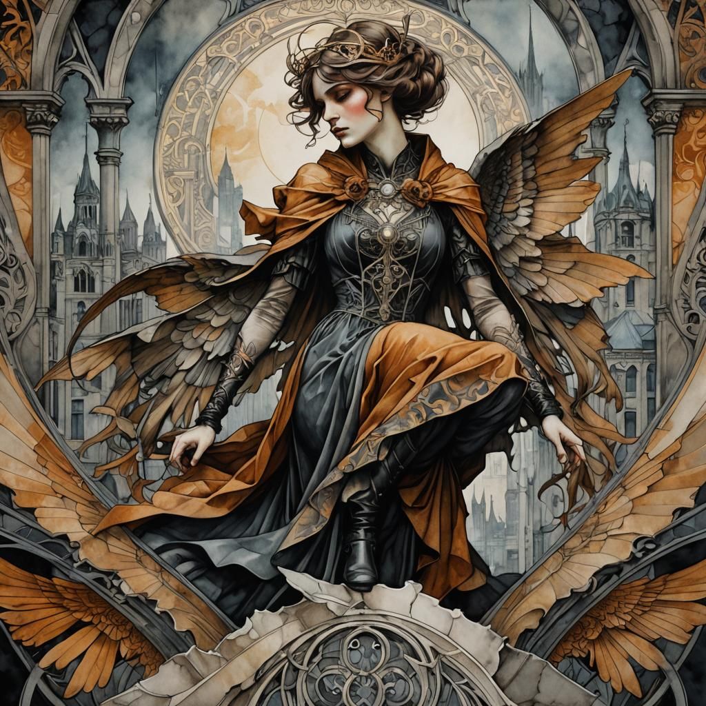Gothic Art Nouveau Fallen Angel Portrait
