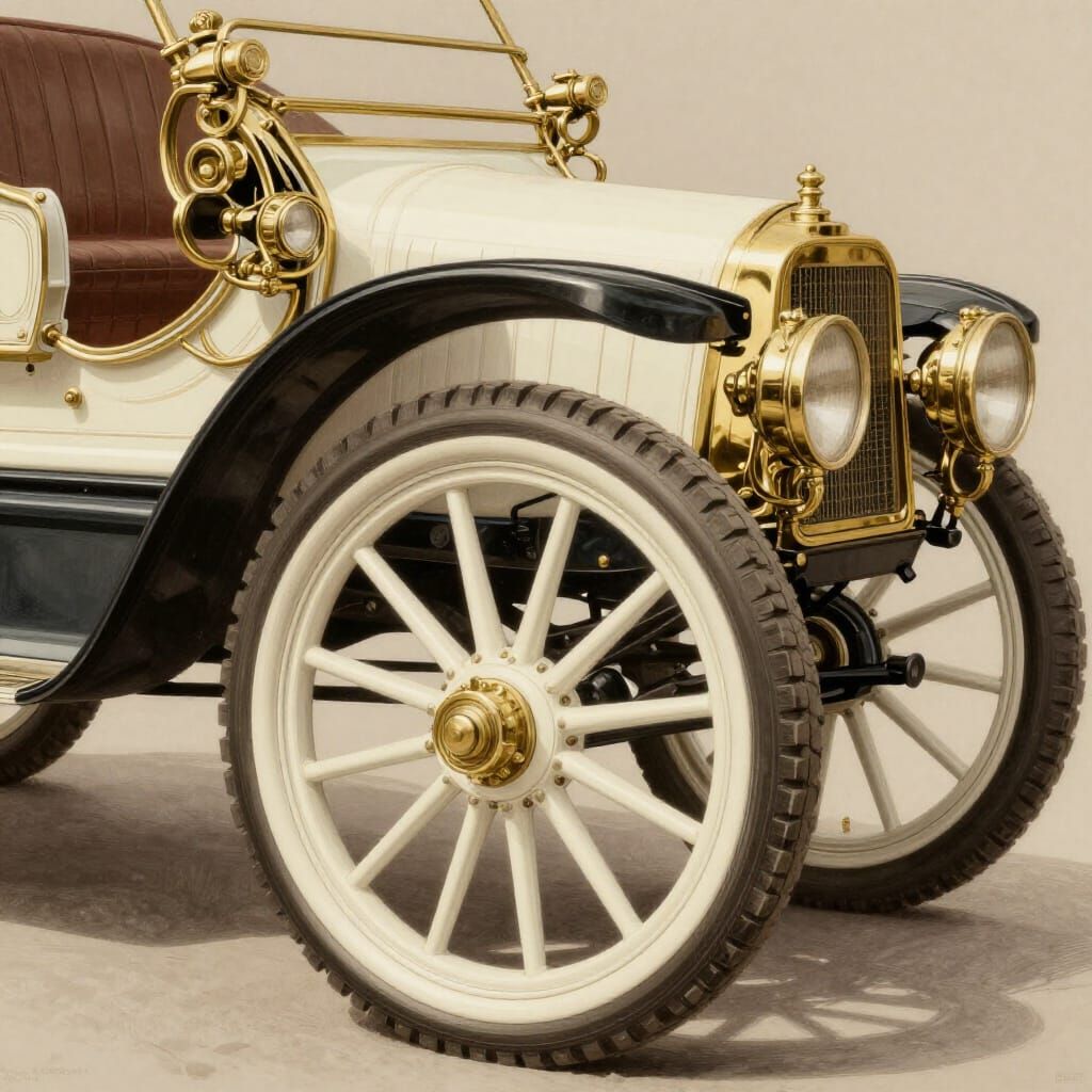 Antique Automobile with Brass Trim and Spoked Wheels in Vint...