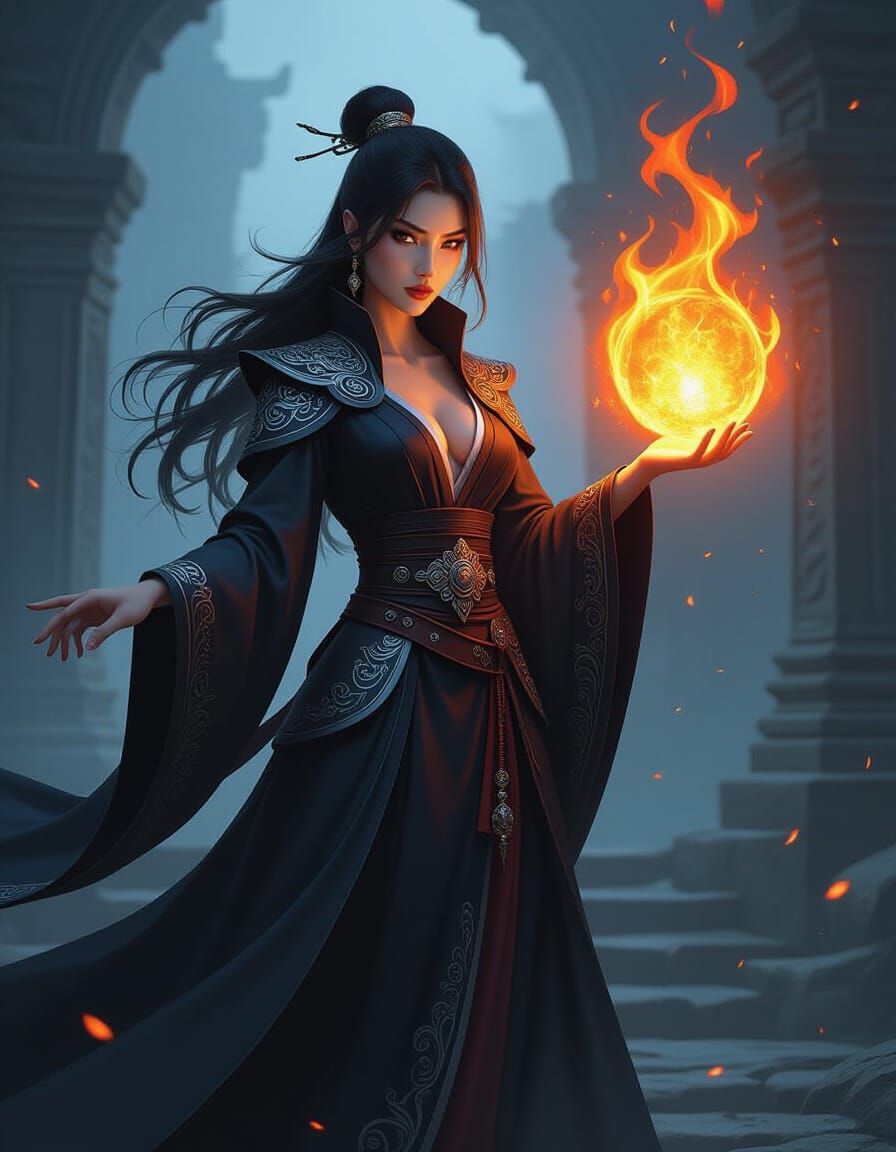 Sorceress Conjures Fireball in Ancient Ruins