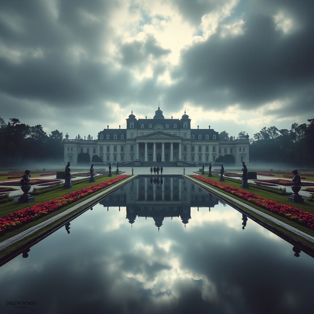 Surreal Baroque Palace Reflected in Mysterious Garden Waters