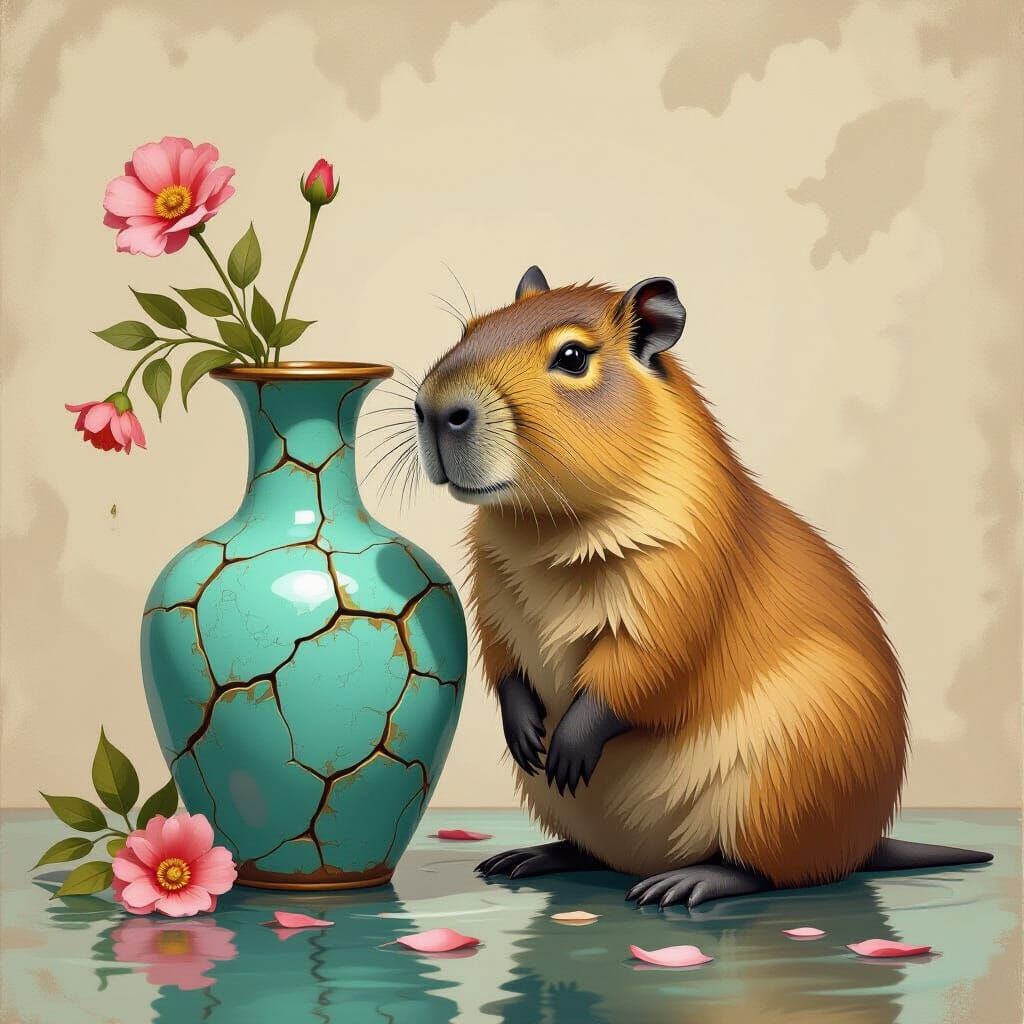 Capybara with Kintsugi Vase in Earthy Tones