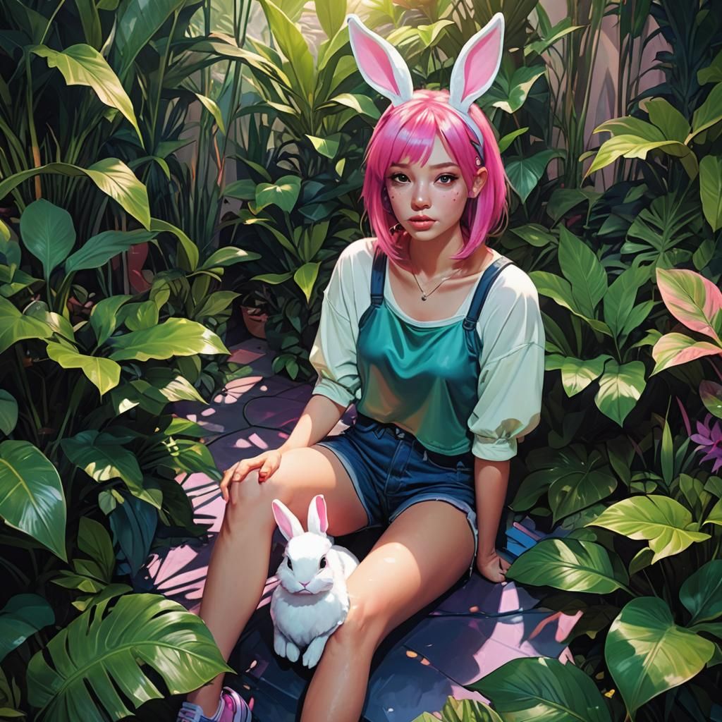 Girl with Bunny Ears in Lush Plant Setting