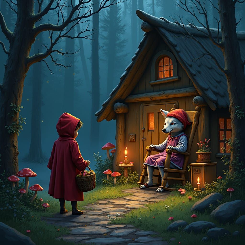 A Young Girl Meets the Dark Granny in a Fantastical Forest S...
