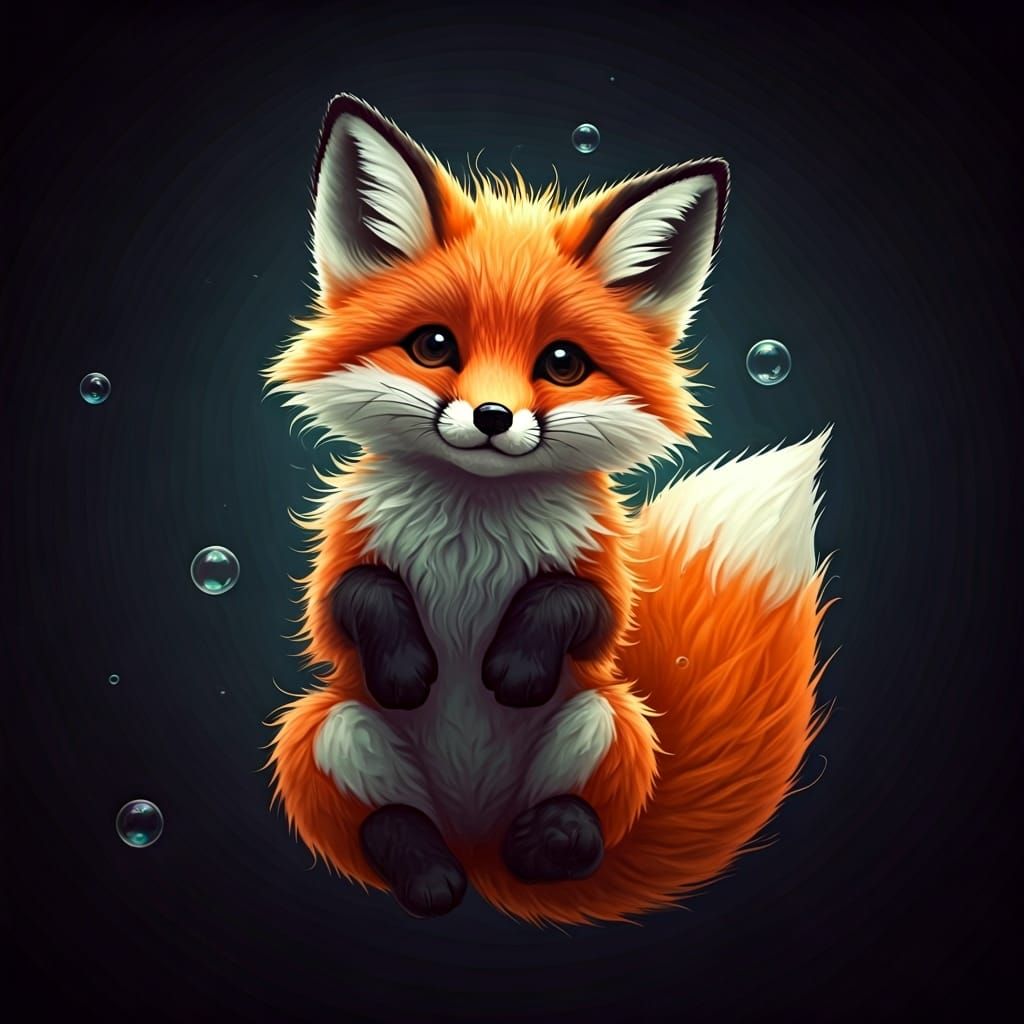 Cute Rope Fox Floating in a Bubble, Digital Painting