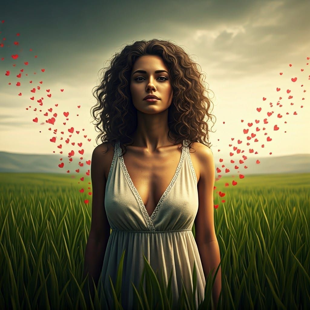 Hyperrealistic Goddess in a Whimsical Heart Field