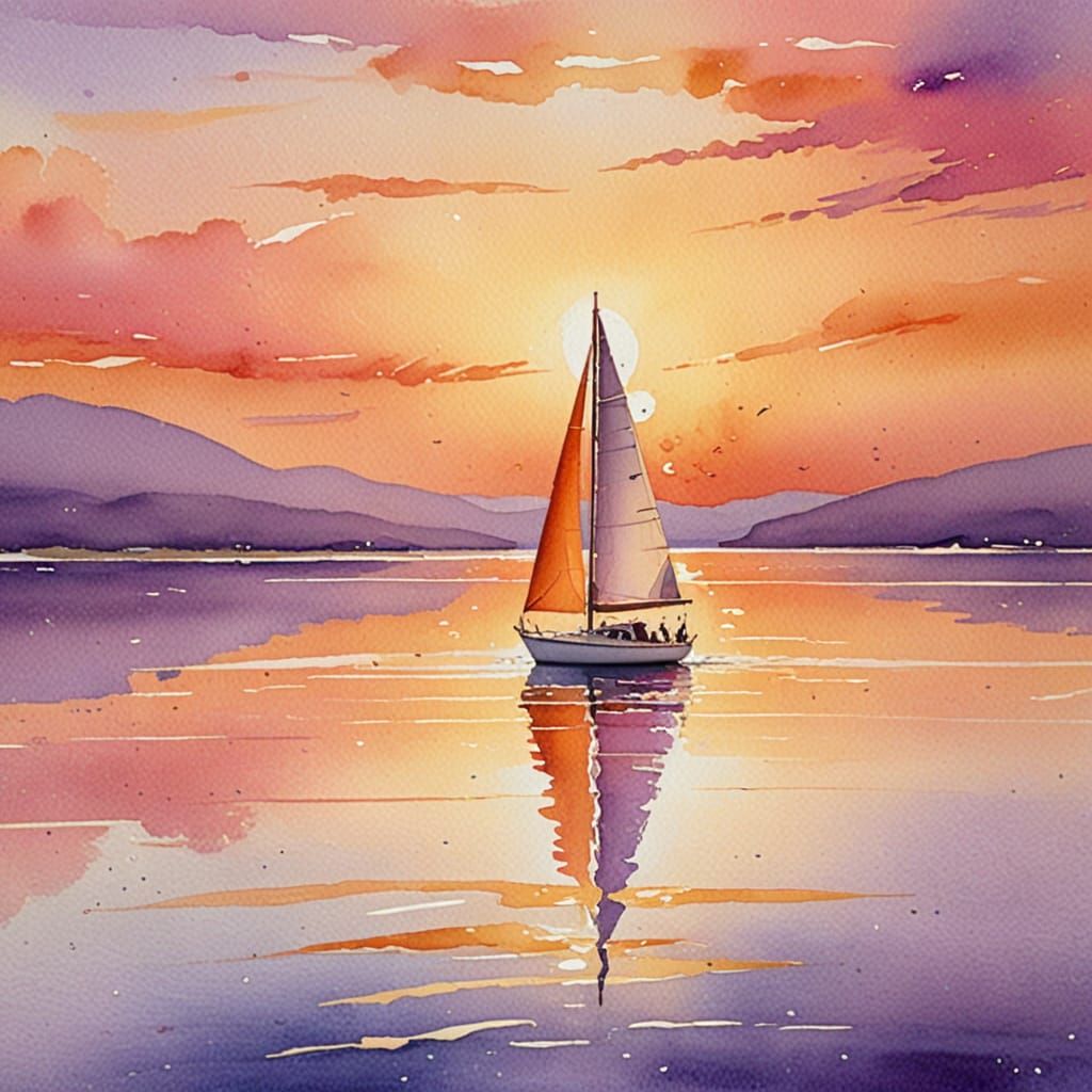 Golden Sailboat at Sunset in Watercolor Style