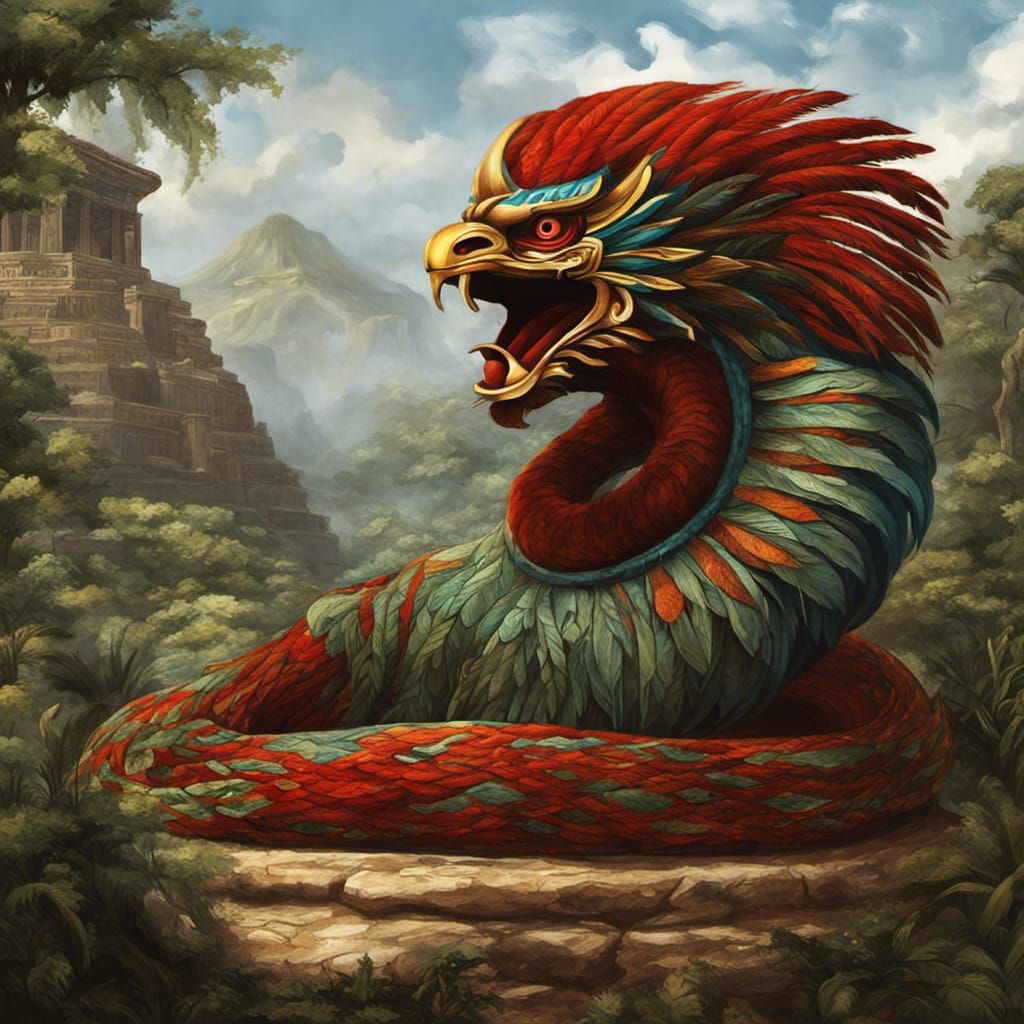 Quetzalcoatl: Aztec Feathered Serpent God in Red