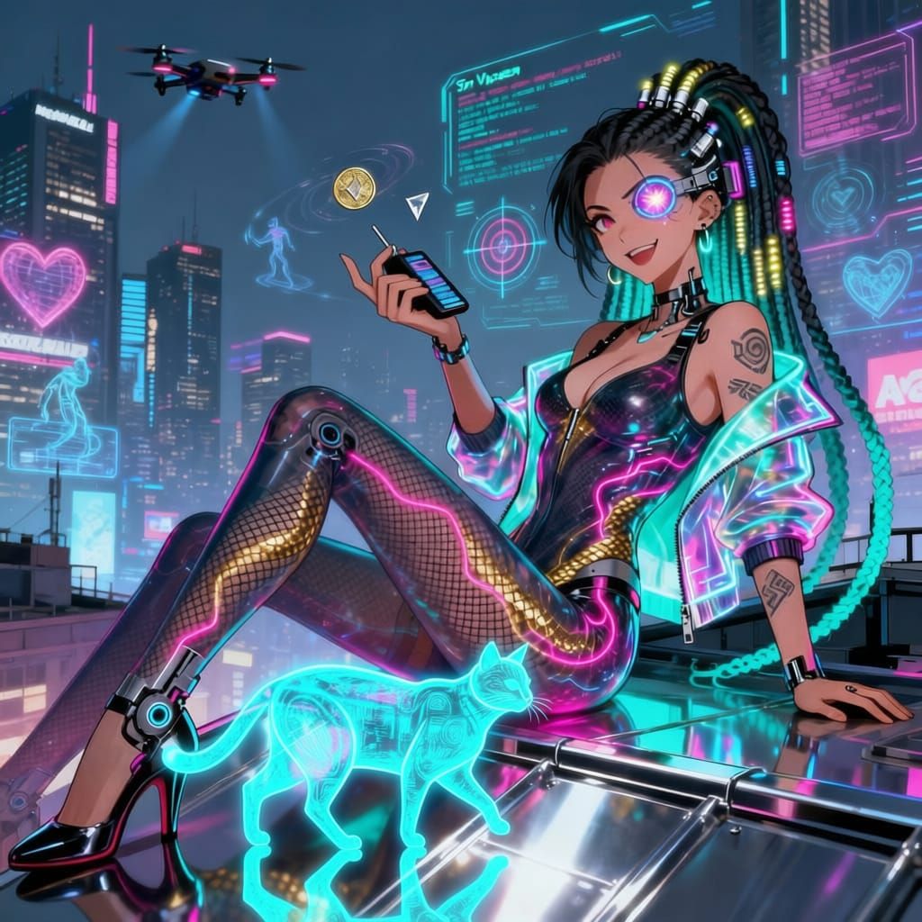 AI Image Edit: Holographic Cat Under Legs