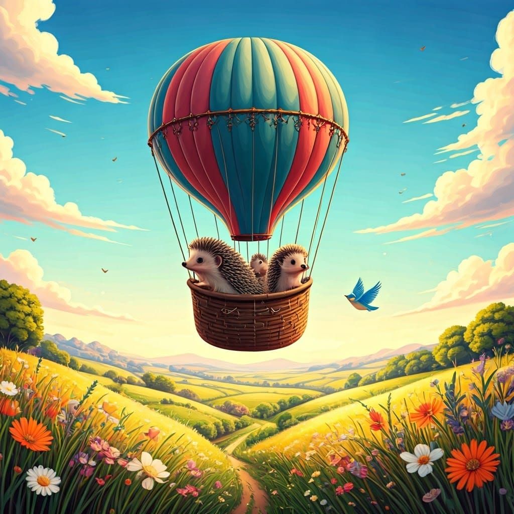 Whimsical Woodland Creatures Soar Above a Blooming Meadow