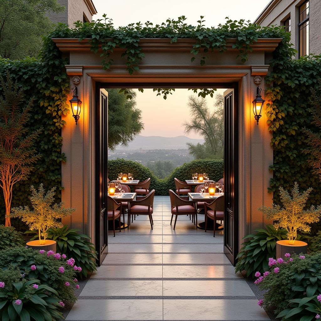 Luxurious Open Terrace Garden Restaurant with Ornate Gate