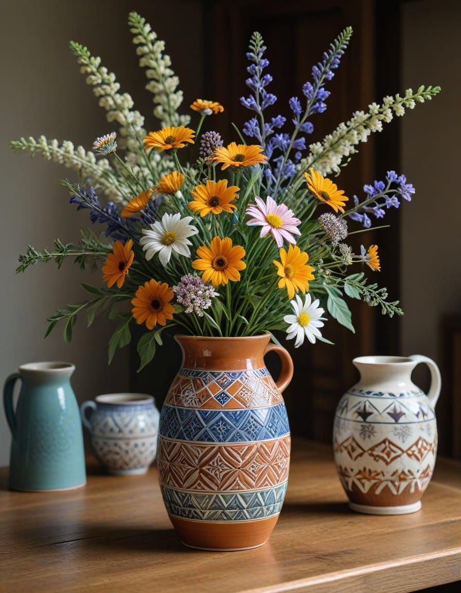 Sgraffito Ceramic Vase in Country Kitchen