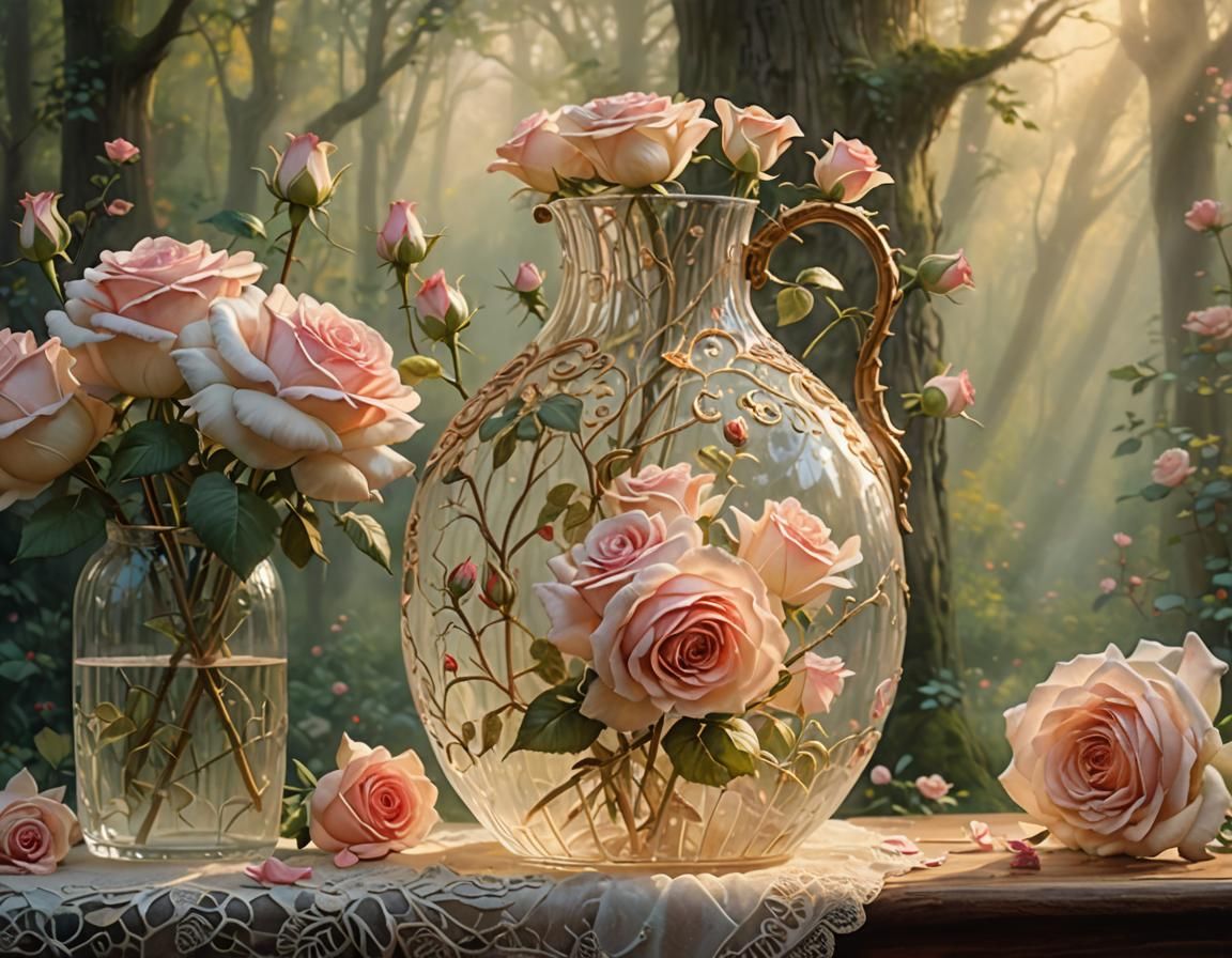 Roses in Misty Glade: Ethereal Oil Painting