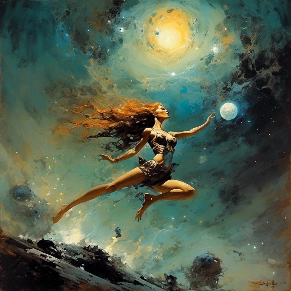 Frazetta Style Woman in Space with Black Hole