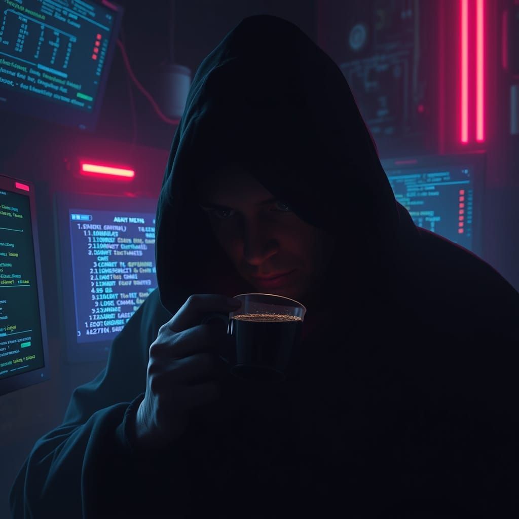 Mysterious Figure in Neon Darkness, Sipping Coffee by Futuri...