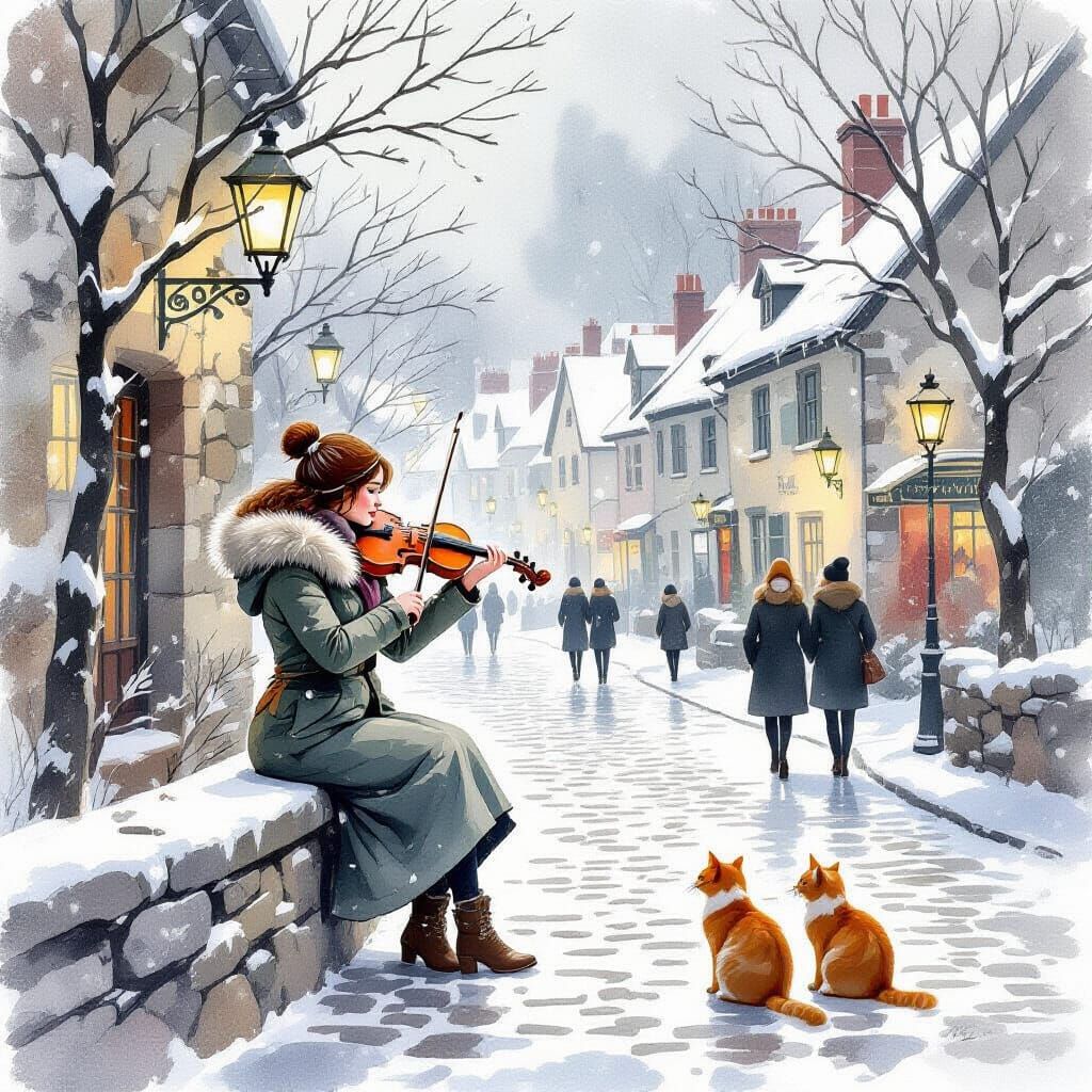 Winter Serenade: Woman Plays Violin in Snowy Town