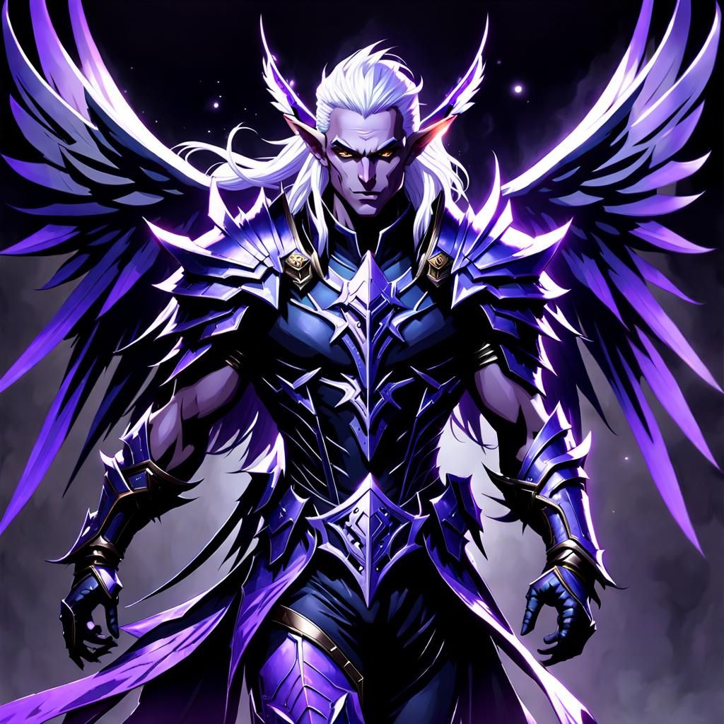 Dark Elf Warrior with Purple Wings, Fantasy Art