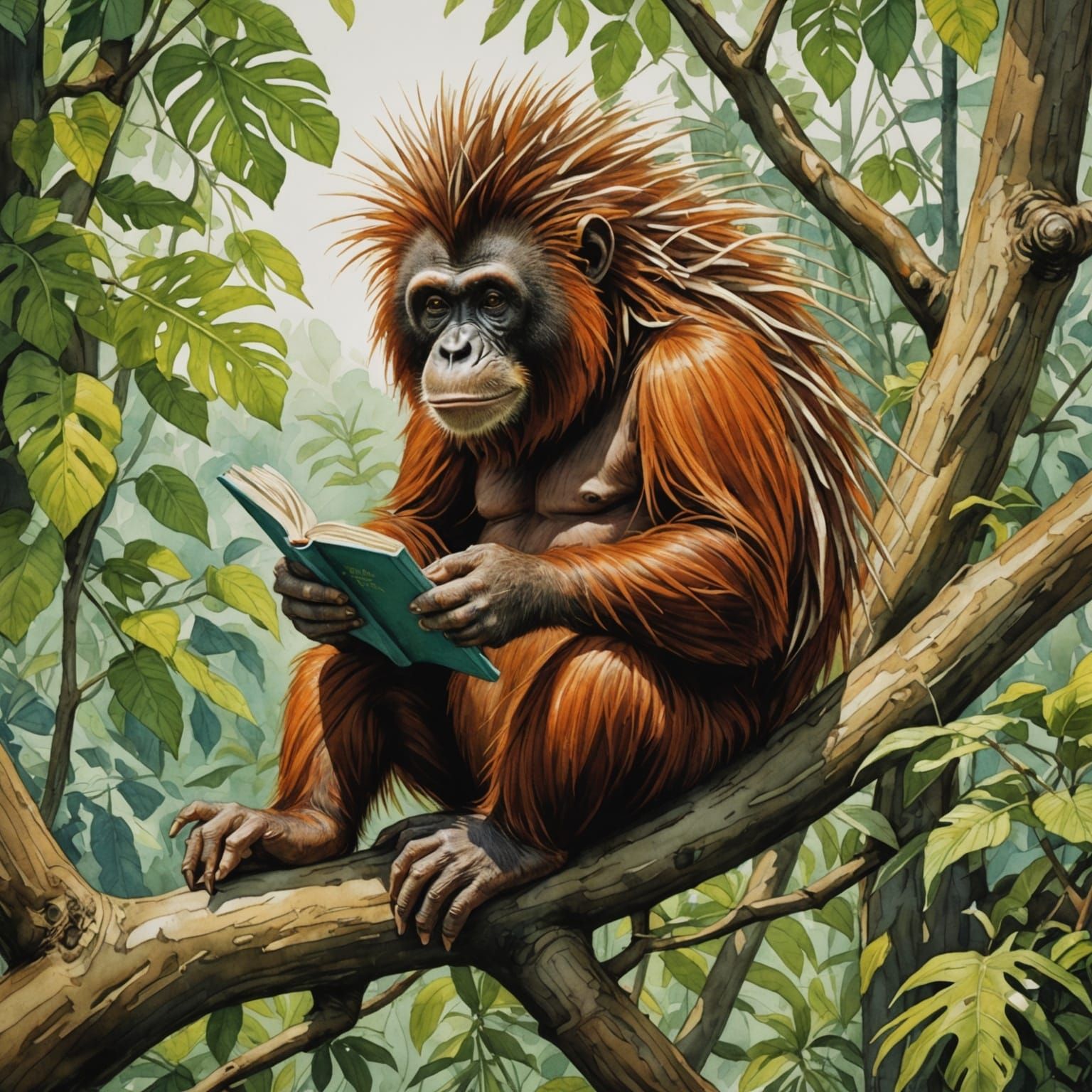Orangutan-Porcupine Hybrid Lounging in Tree, Watercolor Styl...