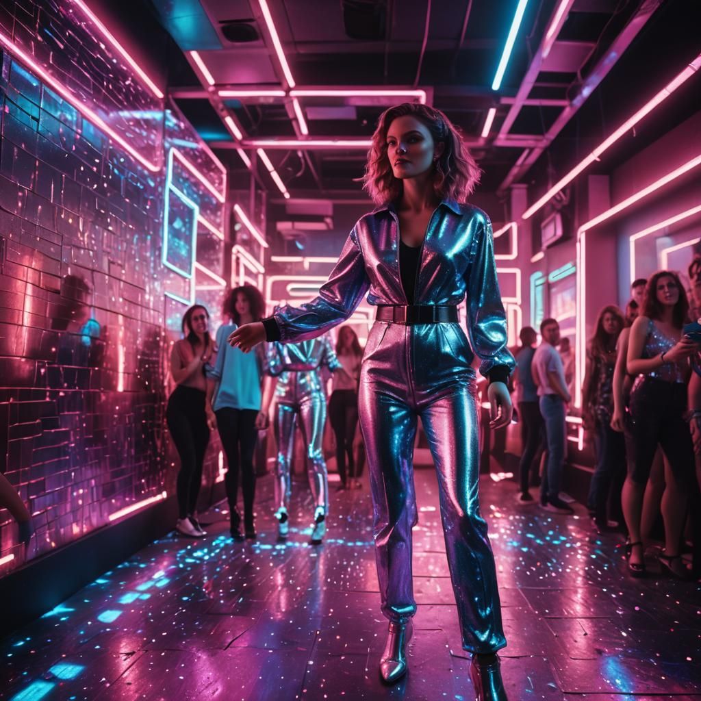Glittery Jumpsuit: 80s Neon Disco in Synthwave Style
