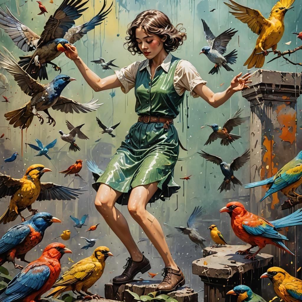 Hyperrealistic Girl Playing with Birds in Art Deco Style