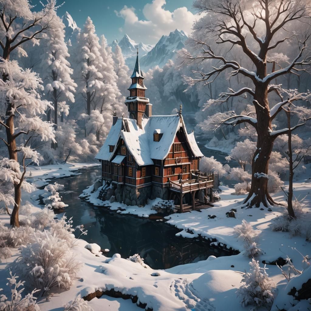 Girl in Snowy Forest with Ice Cream