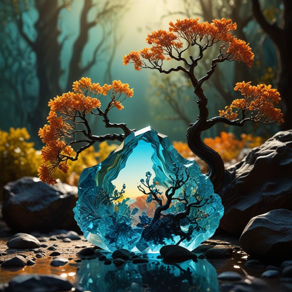 Ethereal Glass Dreamscape with Gemstone Foliage