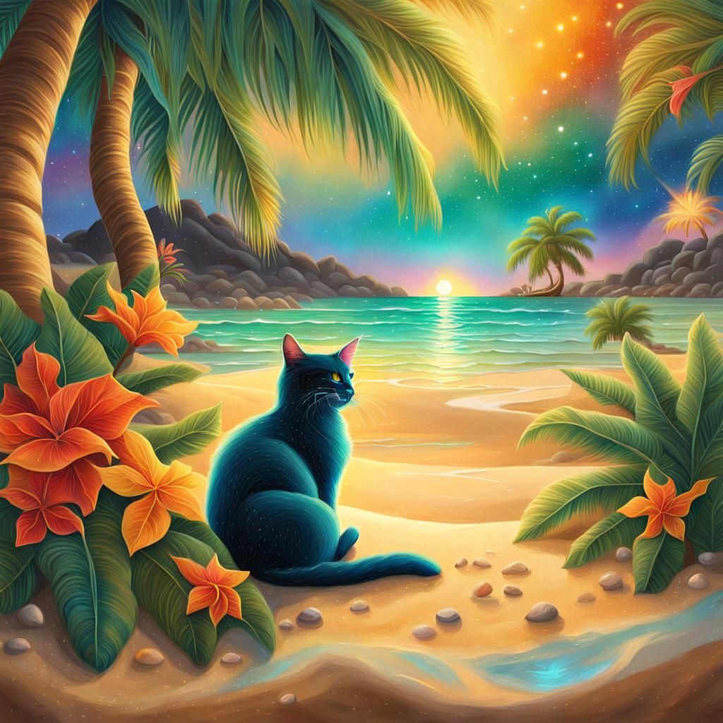 Celestial Cat Under Tropical Christmas Tree