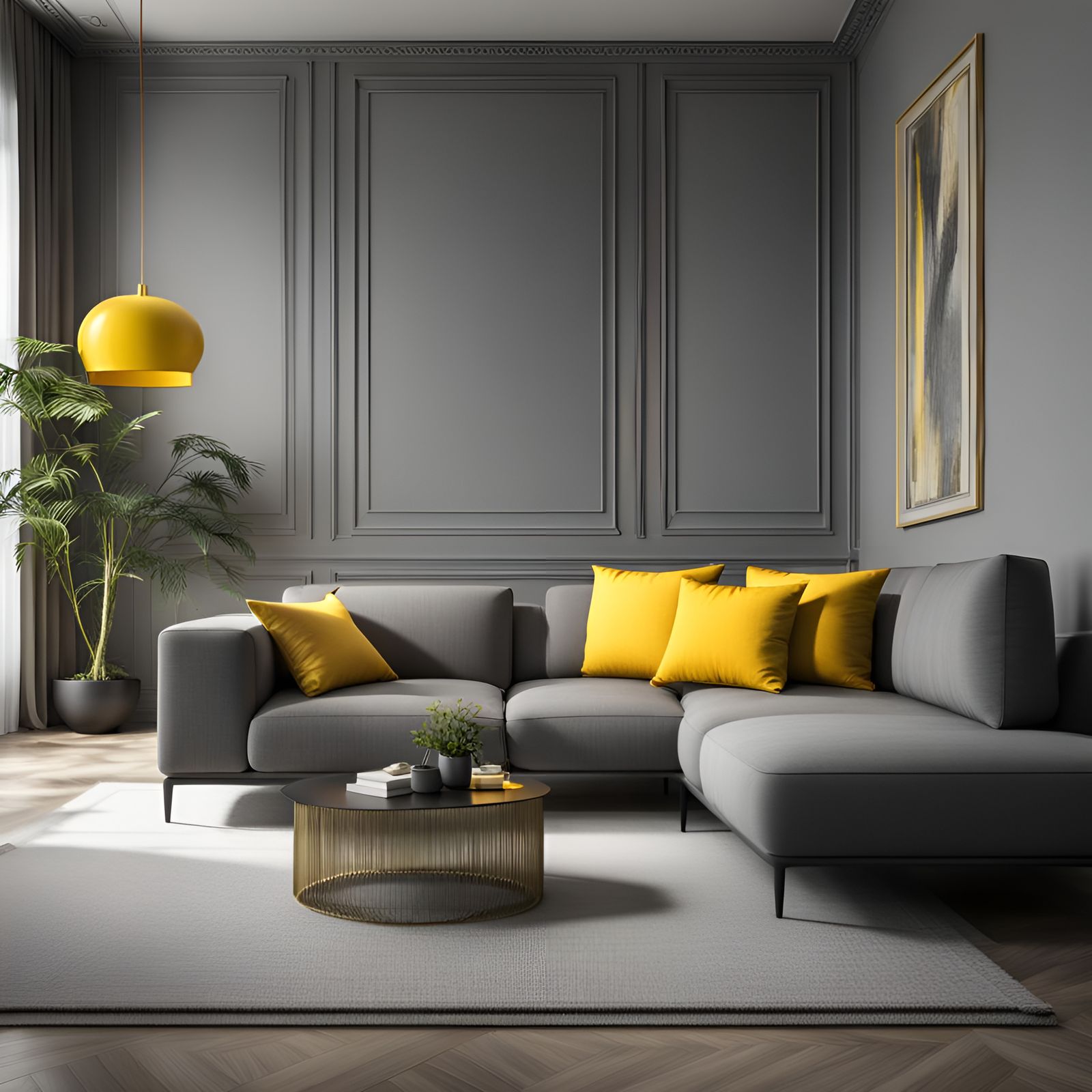 Minimalist Living Room Corner in Gray and Yellow