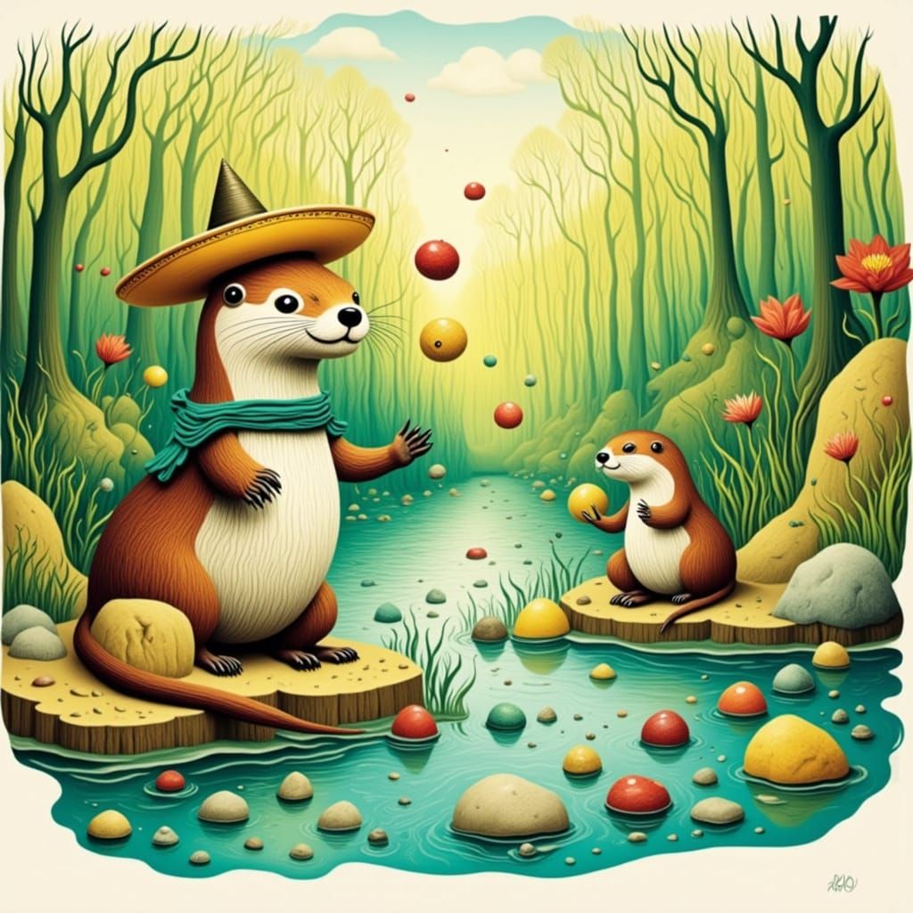 Playful Otter Juggling Stones in Watercolor Painting