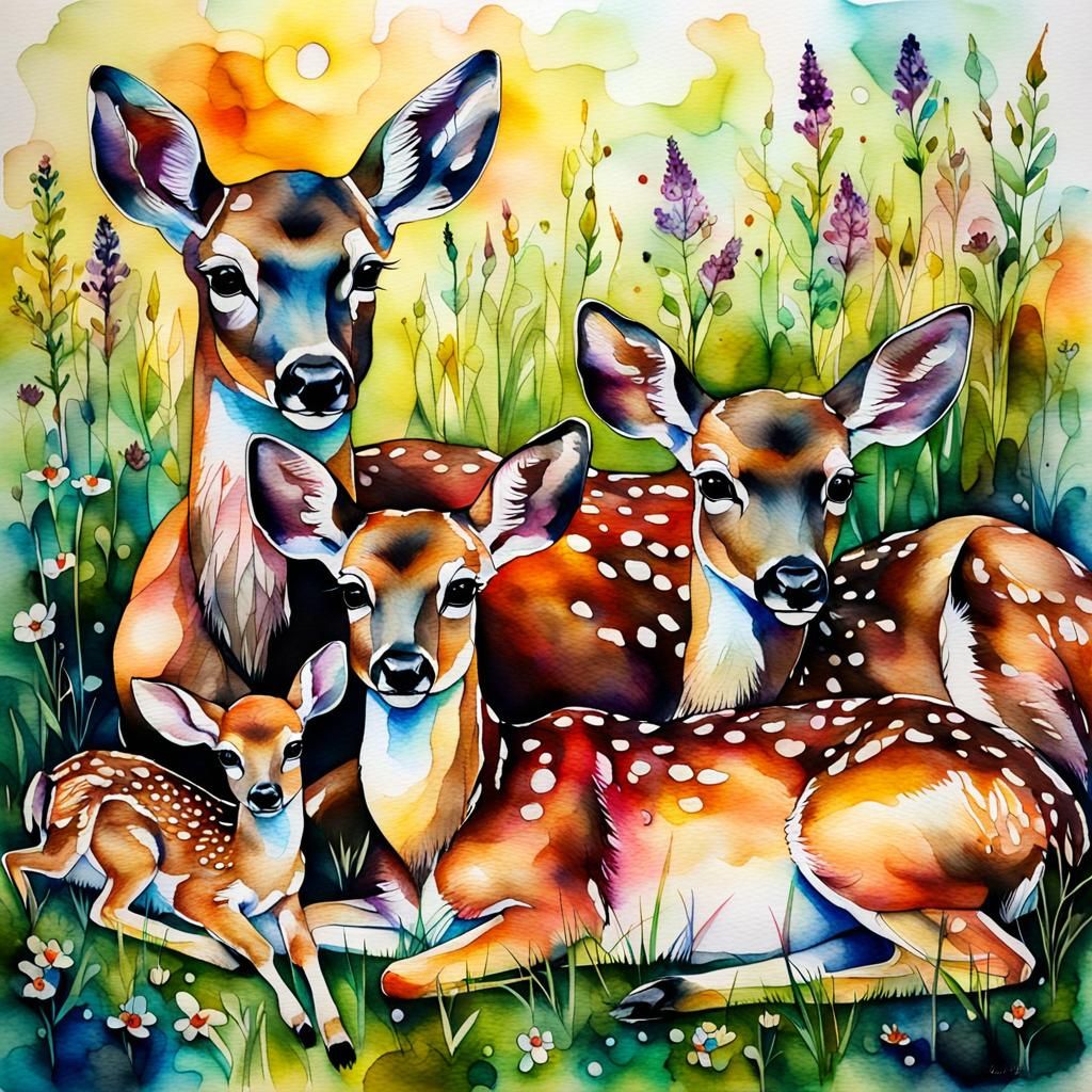 Alcohol Ink Portrait: Mother Deer with Fawns