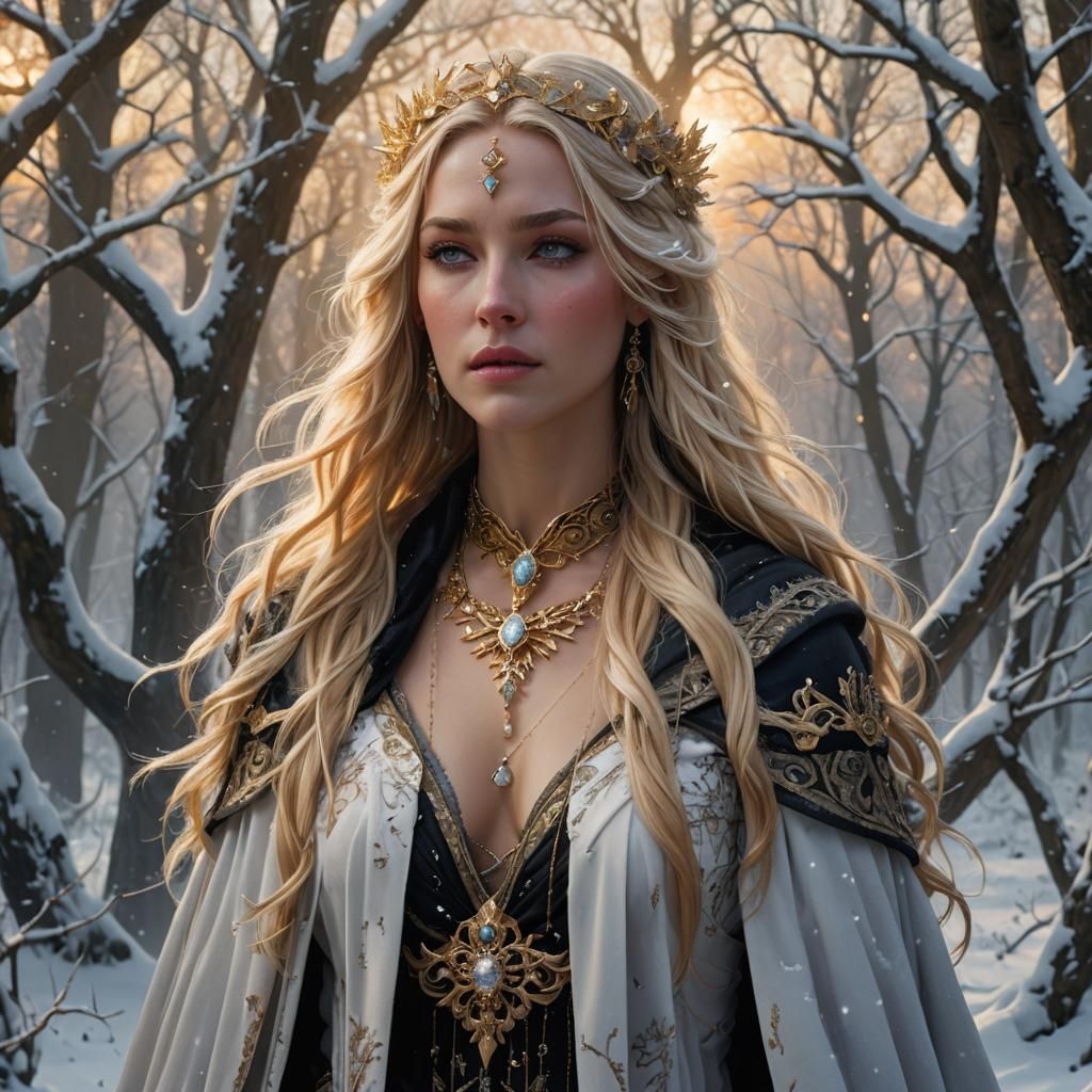 Goddess in Snow-Covered Woodland Clearing