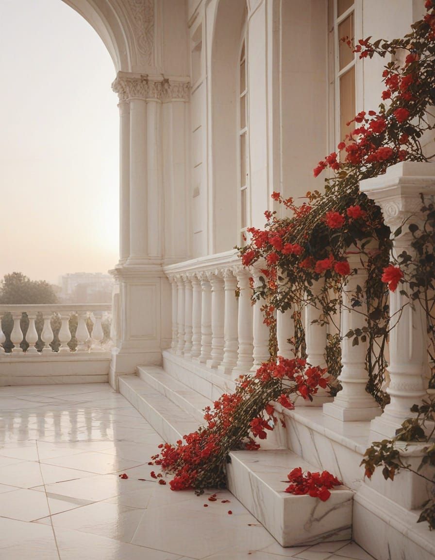 Dreamy Watercolor Terrace at Dawn with Red Vines