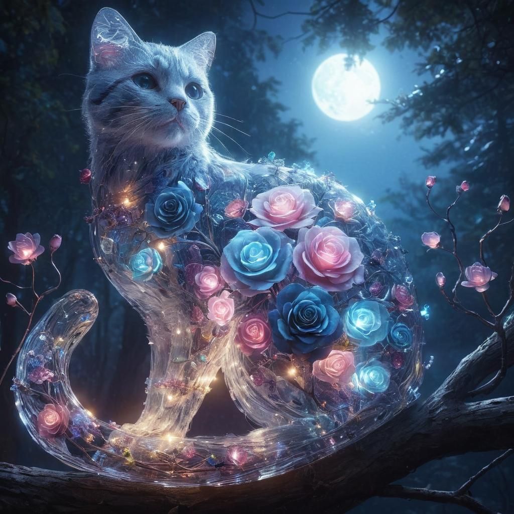 Glass Cat with Bioluminescent Roses, Digital Art
