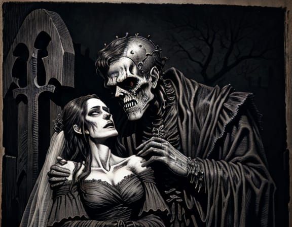 Frankenstein's Monster Consumes Bride in Spooky Graveyard