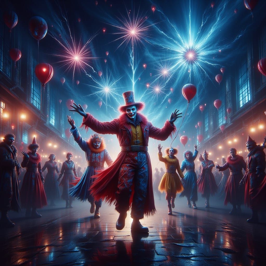 Colorful Clowns Dance in Fireworks Night Sky