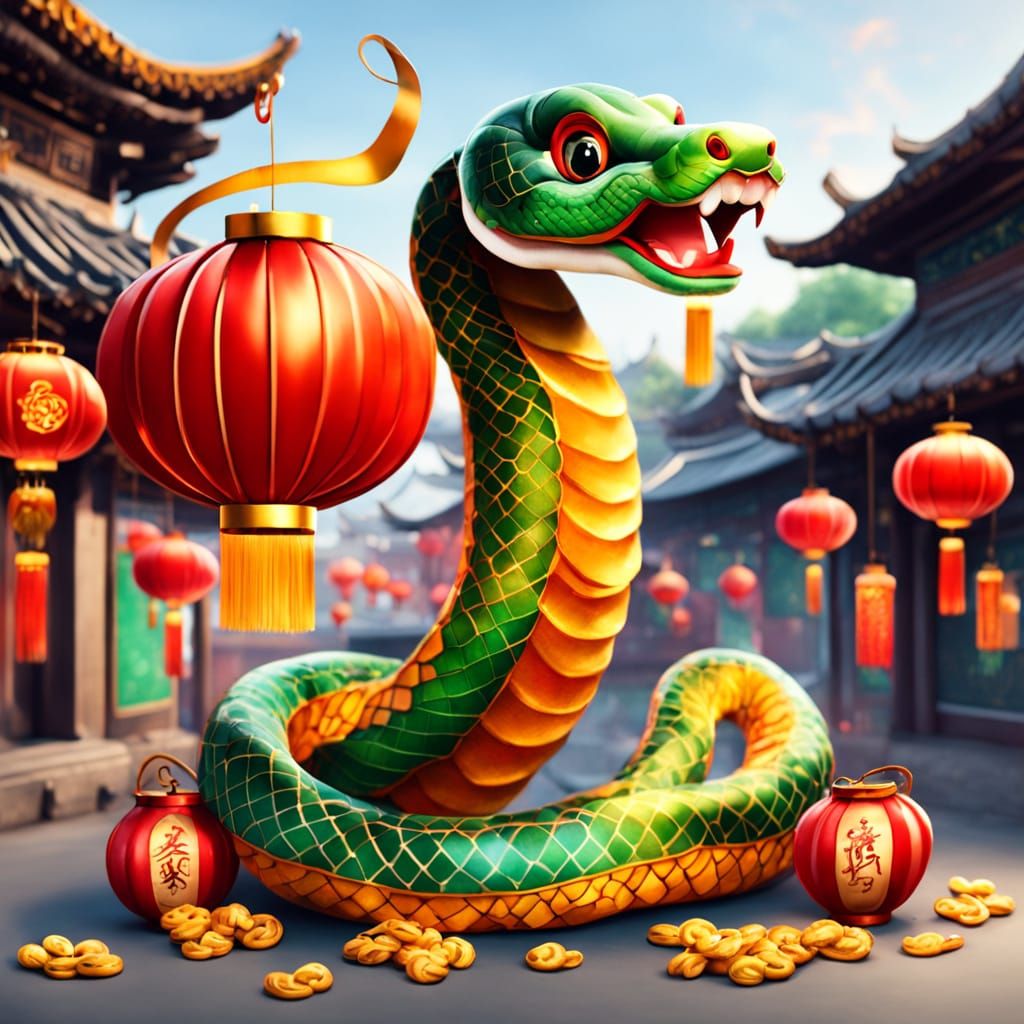 Traditional Chinese Watercolor Masterpiece: Snake Coiled Aro...