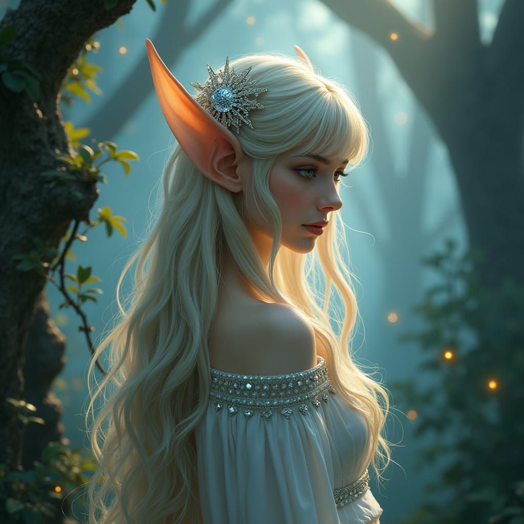 Ethereal Silver-Blonde Elf in Enchanted Whimsical Forest
