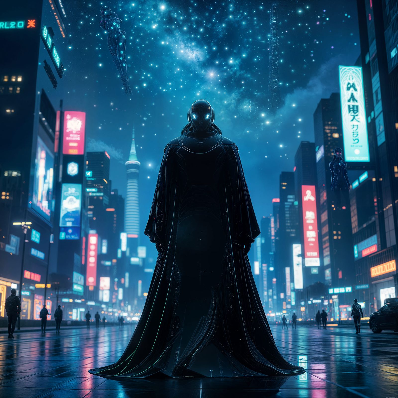 Bioluminescent Android in Futuristic City, Digital Art