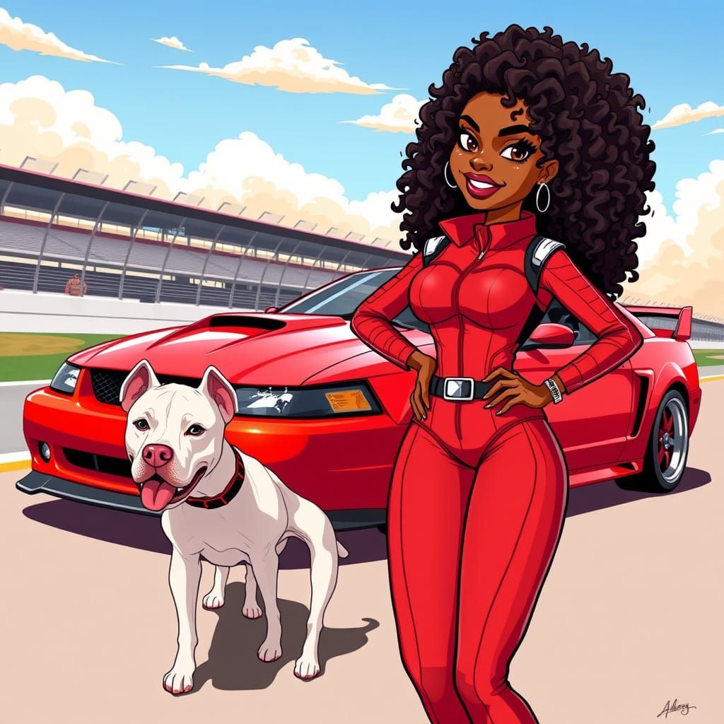 Cartoon Black Woman with Mustang on Race Track