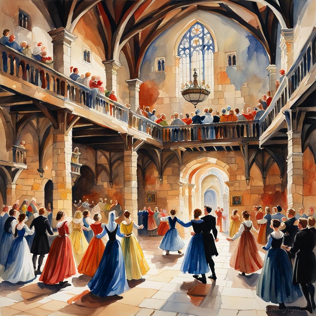 Medieval Castle Ball: Watercolor Painting