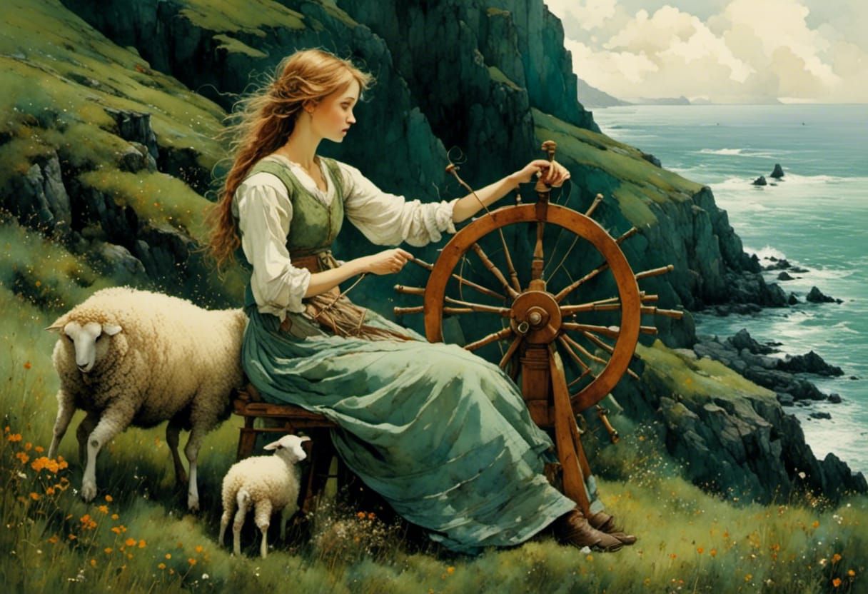 Coastal Spinner with Sheep, Intricate Detail