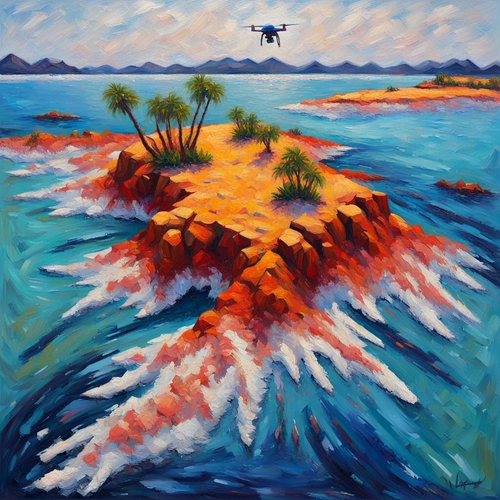 Snowy Desert Island: Neo-Impressionist Oil Painting
