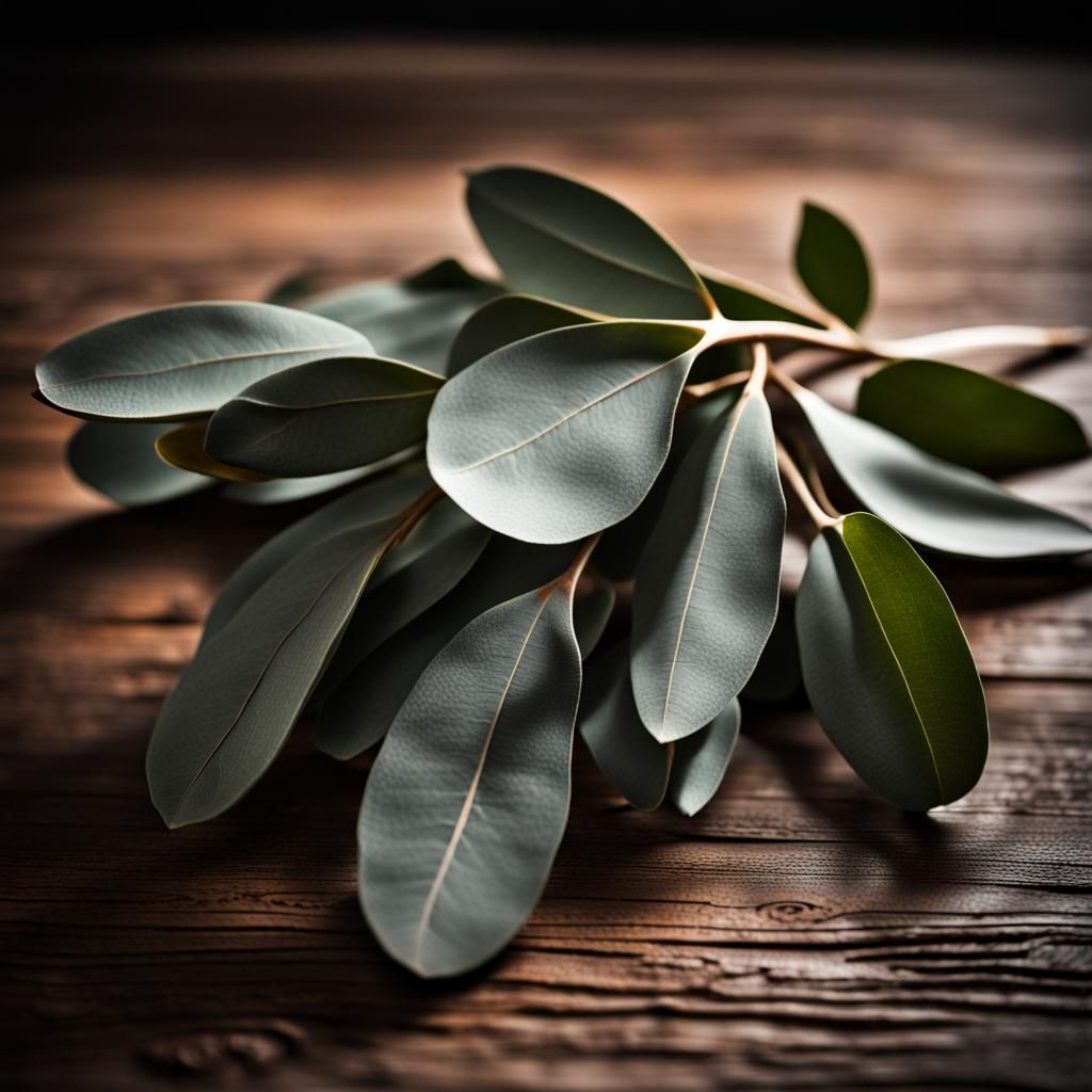 Moody Eucalyptus Still Life on Rustic Wood