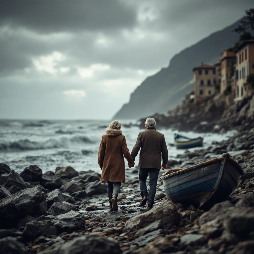 Italian Couple Strolling on Ligurian Shoreline