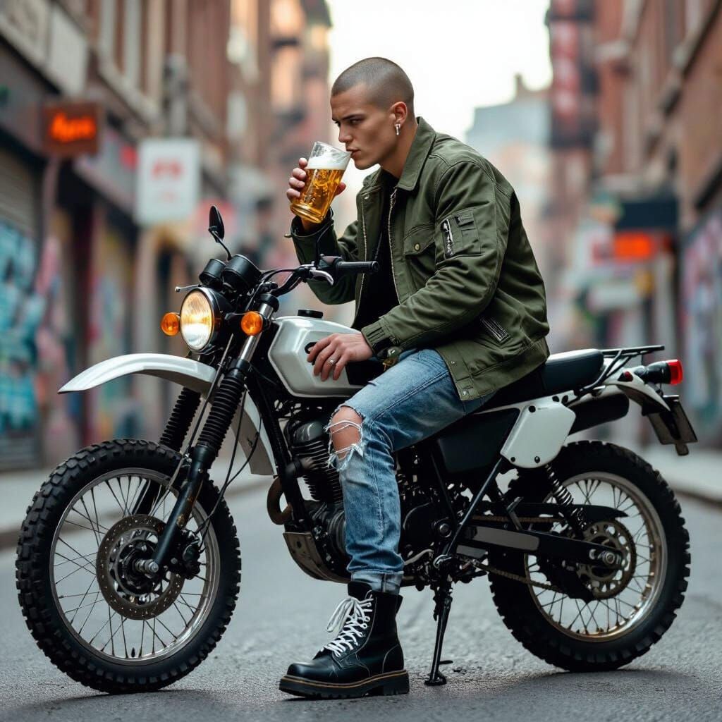 Punk Rider on Enduro Bike in Gritty Urban Scene