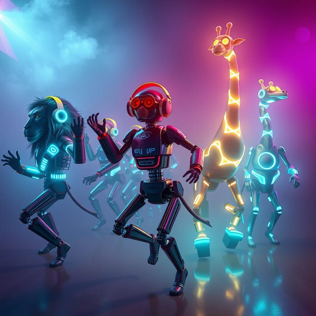 Robot Animals Dancing at Silent Disco in Neon Lights